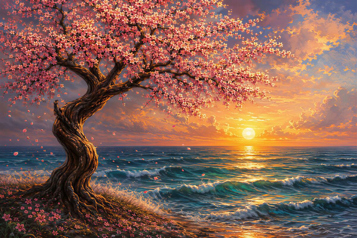 Papier peint arbre de cerisier au bord de la mer au coucher du soleil