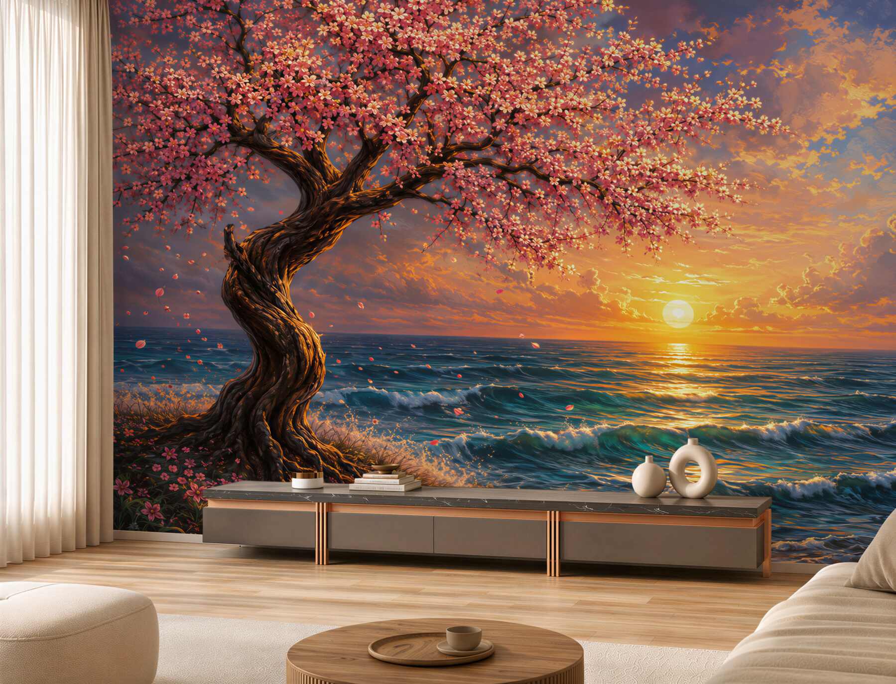 Papier peint arbre de cerisier au bord de la mer au coucher du soleil
