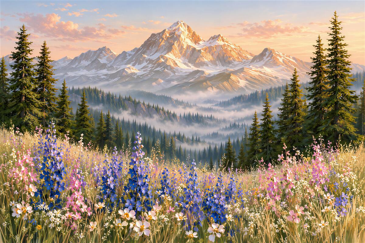 Papier peint paysage de montagne avec prairie et fleurs