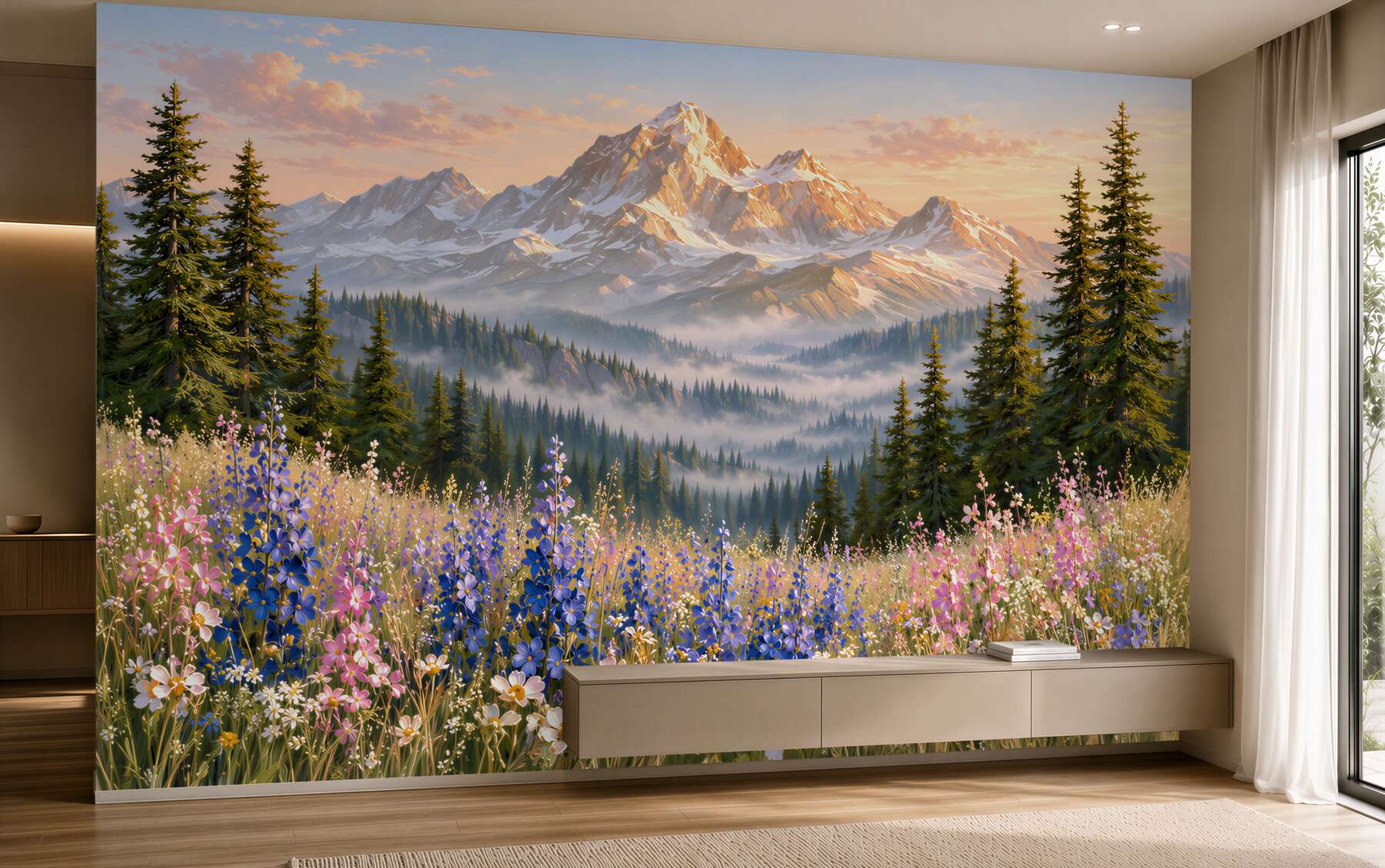 Papier peint paysage de montagne avec prairie et fleurs