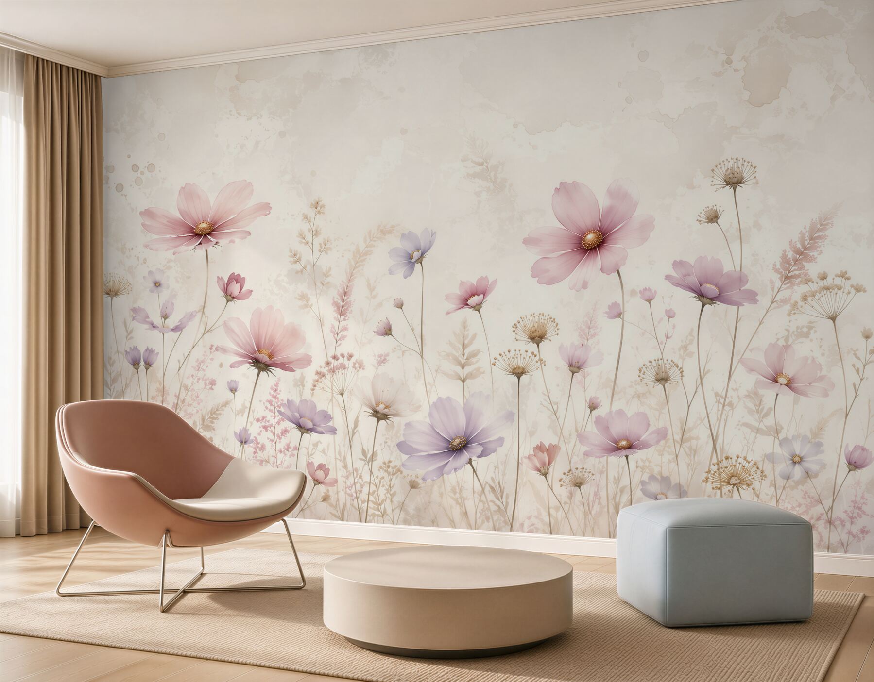 Papier peint fleurs de prairie pastel