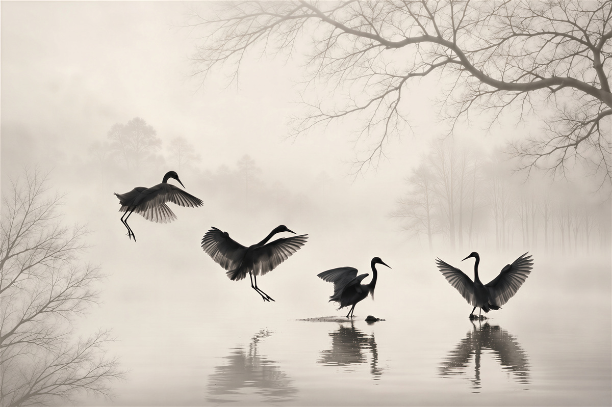 Papier peint grues dans le brouillard