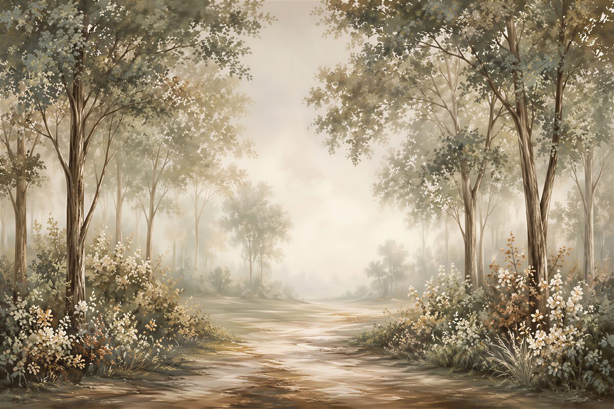 Papier peint forêt dans le brouillard