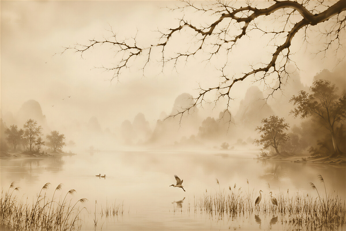 Papier peint lac dans le brouillard