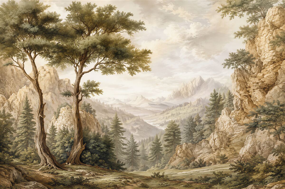 Papier peint paysage de montagne avec des arbres