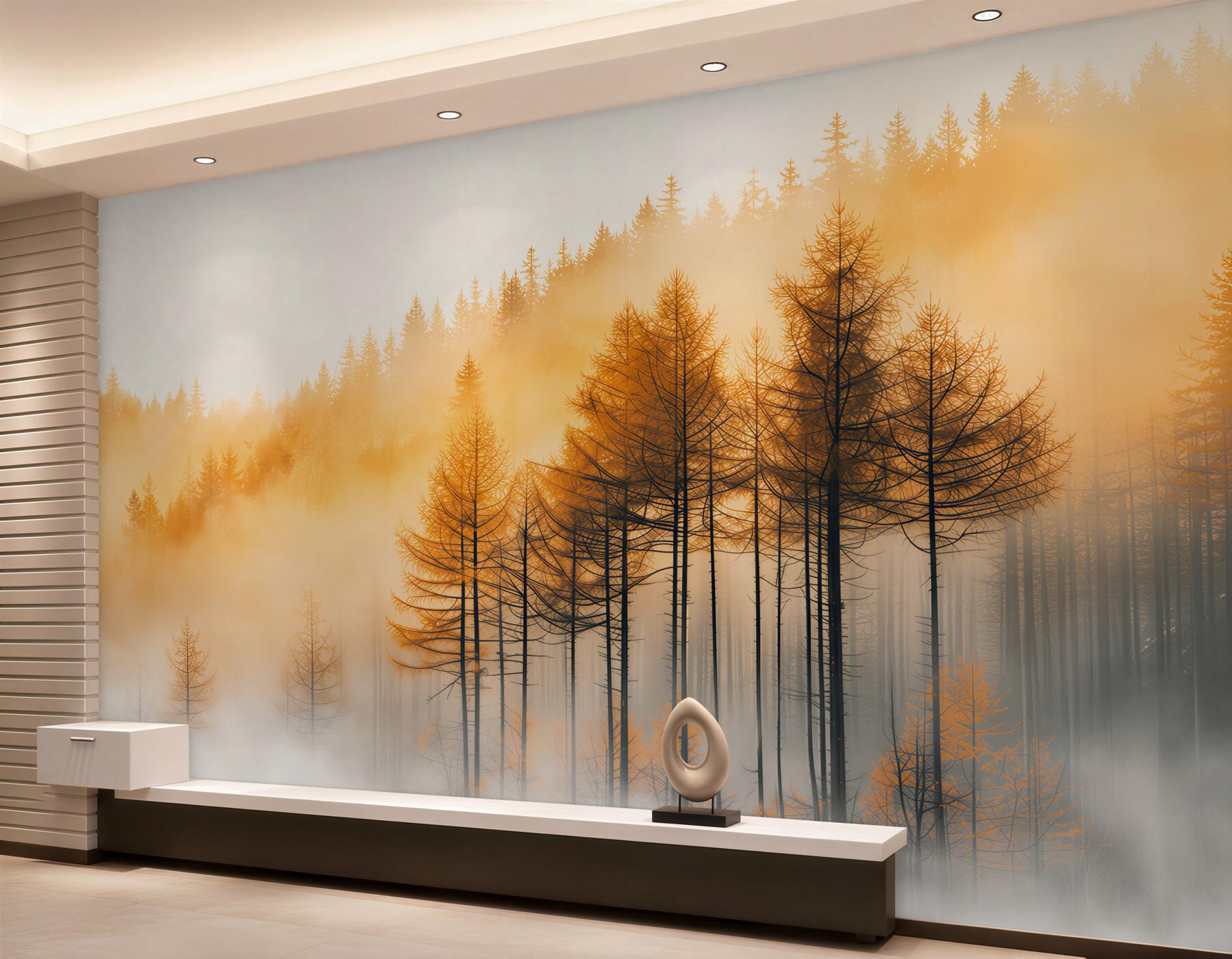 Papier peint forêt dans le brouillard