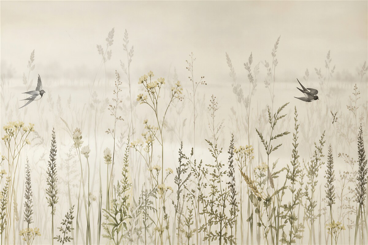 Papier peint prairie avec des hirondelles