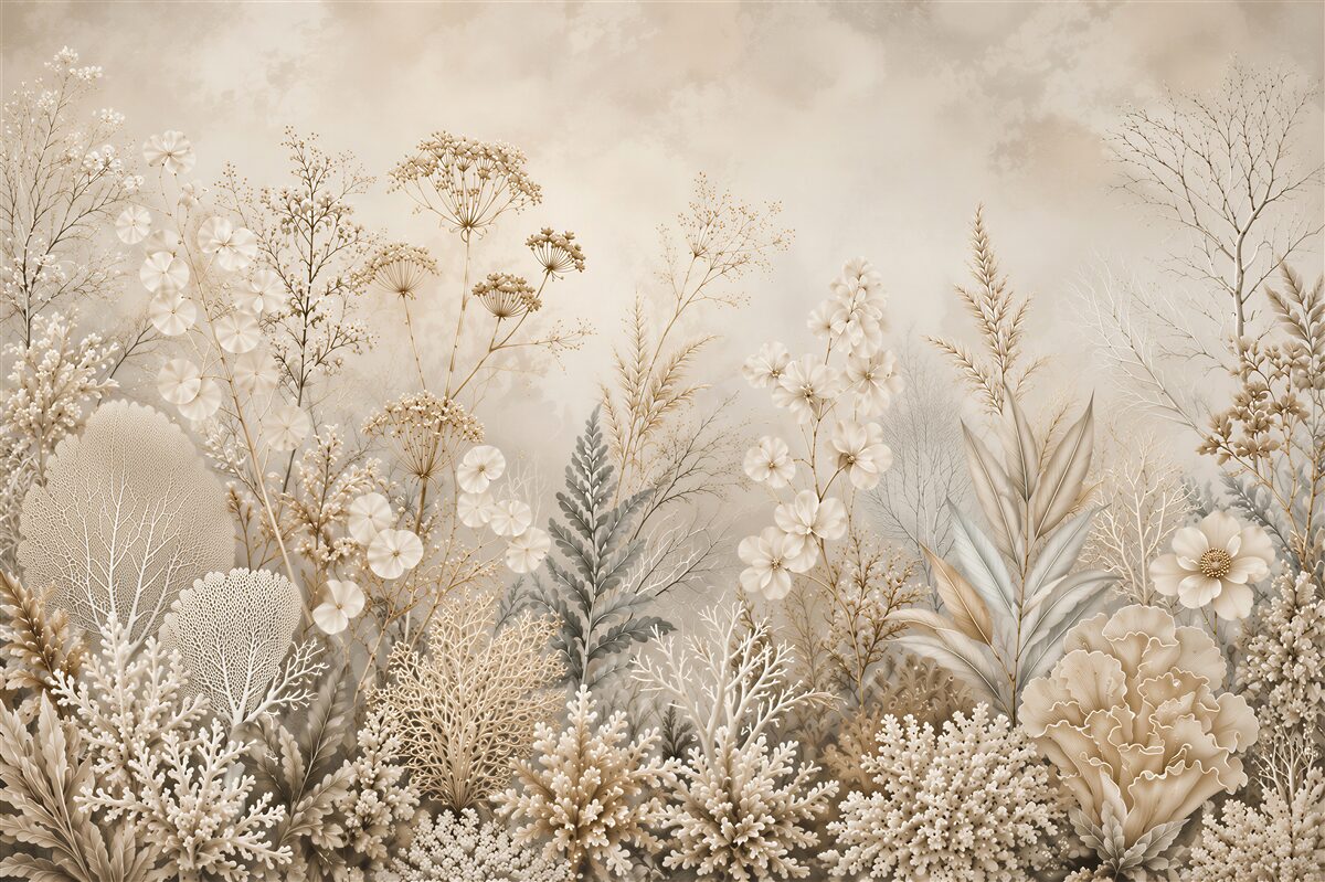 Papier peint fleurs et feuilles dorées