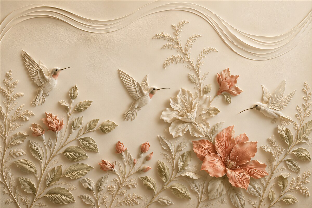 Papier peint colibris et fleurs en relief