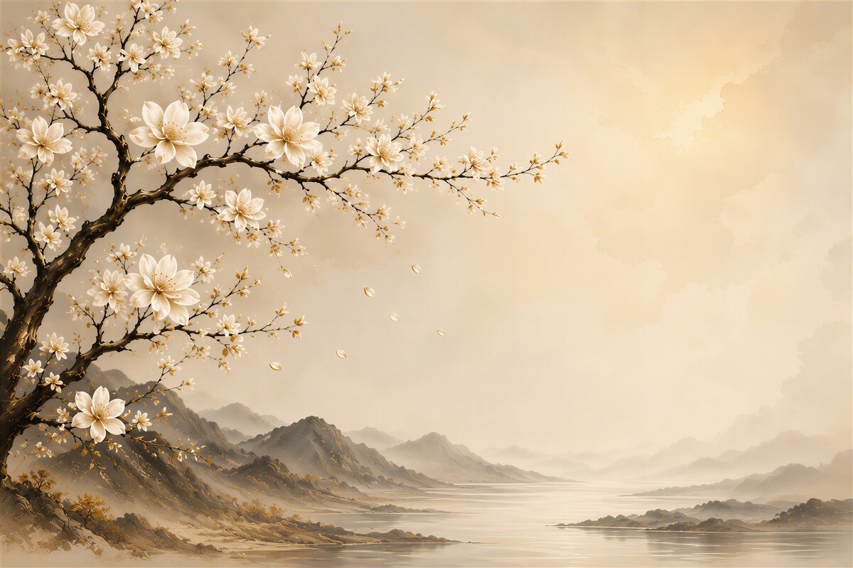 Papier peint magnolia en fleurs avec paysage