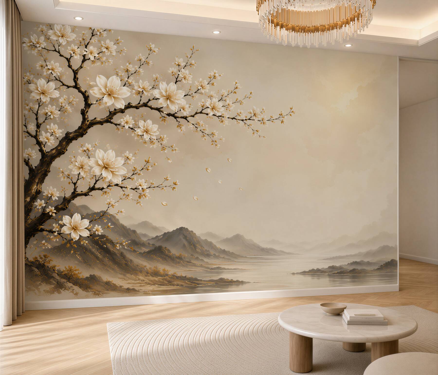 Papier peint magnolia en fleurs avec paysage