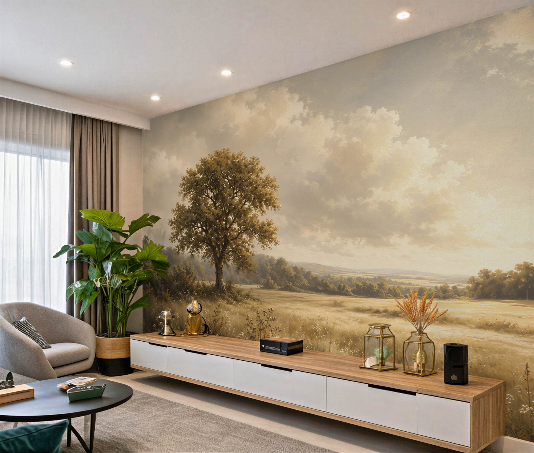 Papier peint paysage paisible avec un arbre