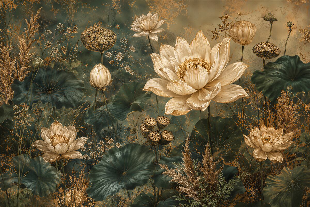 Papier peint lotus dorés