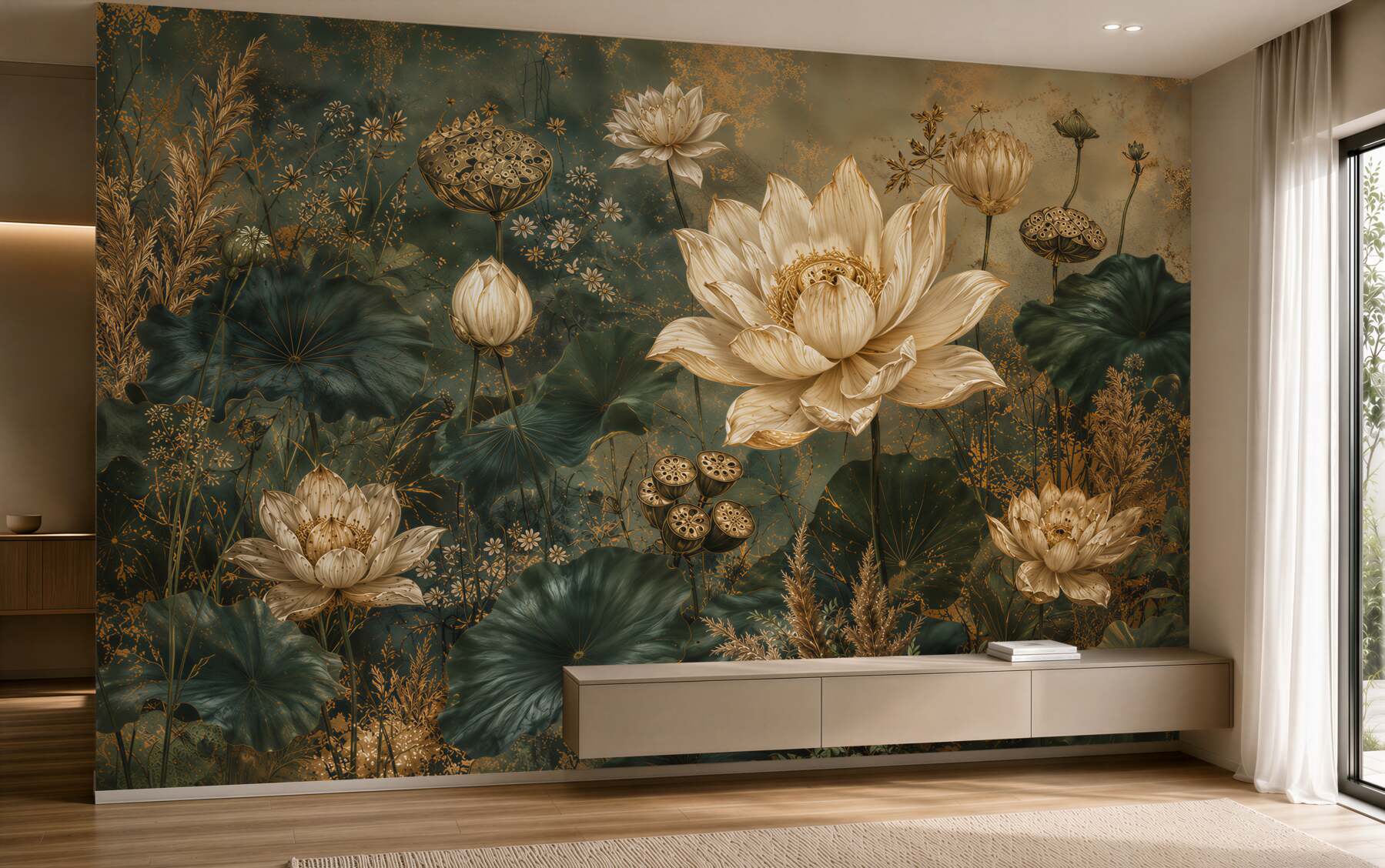 Papier peint lotus dorés