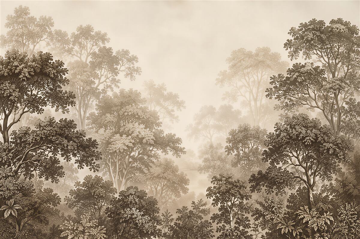 Papier peint forêt dans le brouillard
