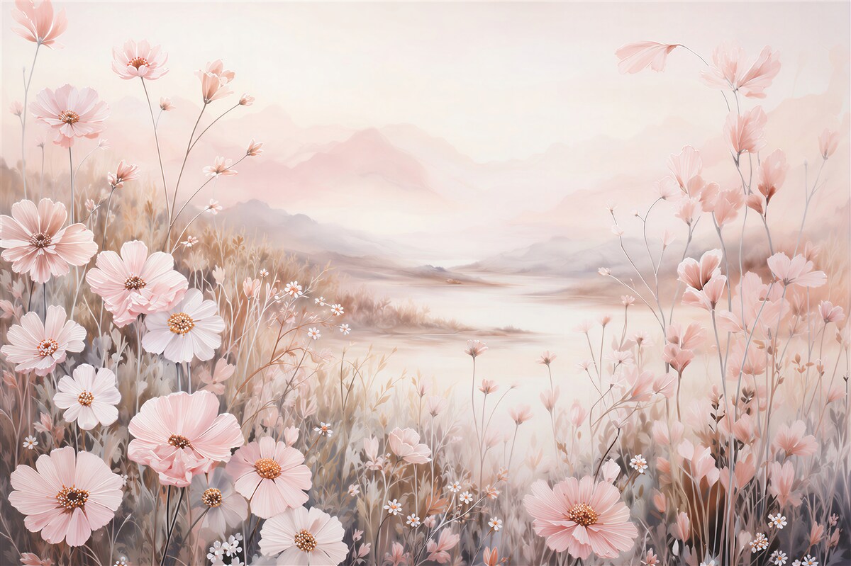 Papier peint fleurs roses sur fond de paysage