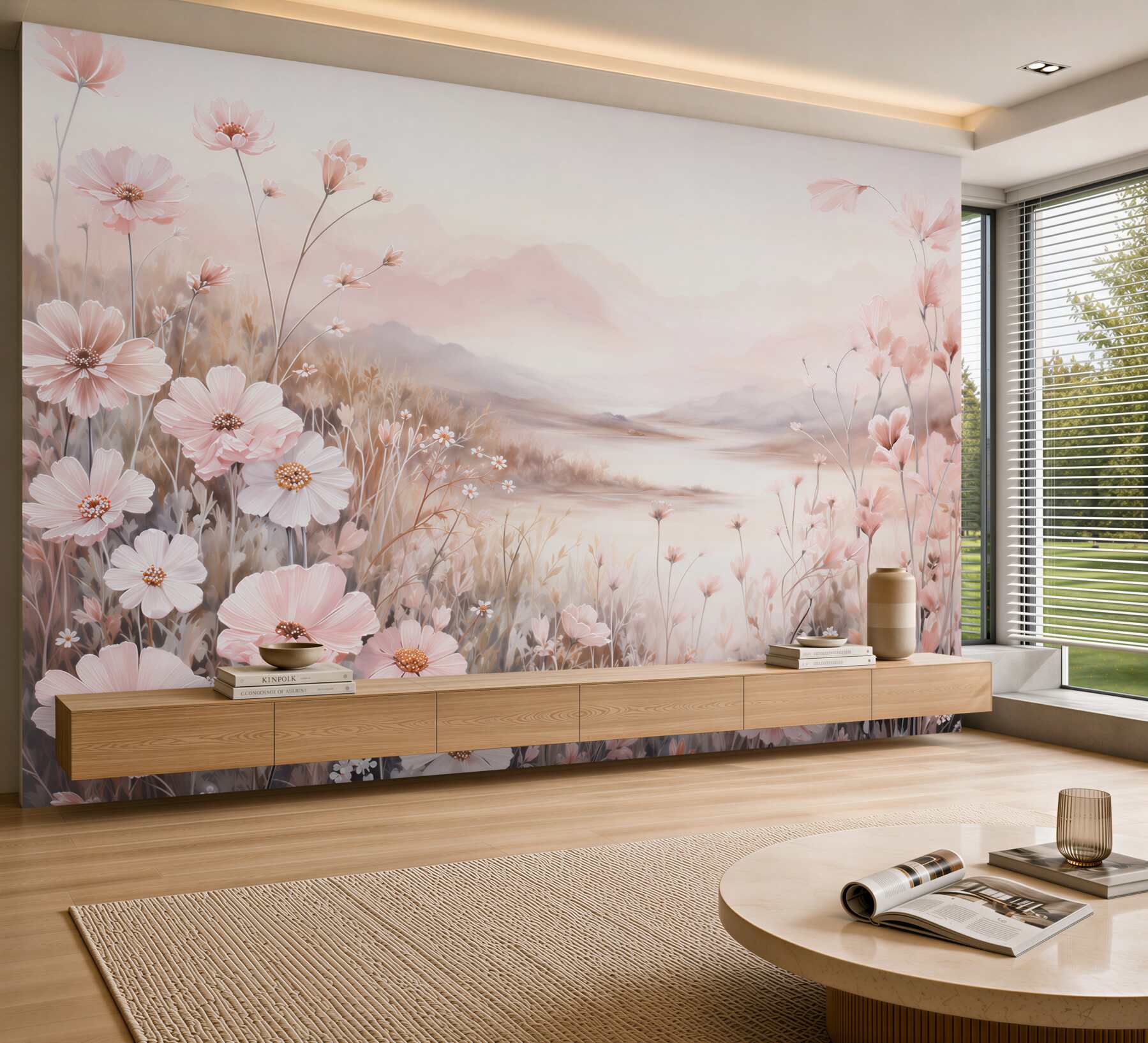 Papier peint fleurs roses sur fond de paysage