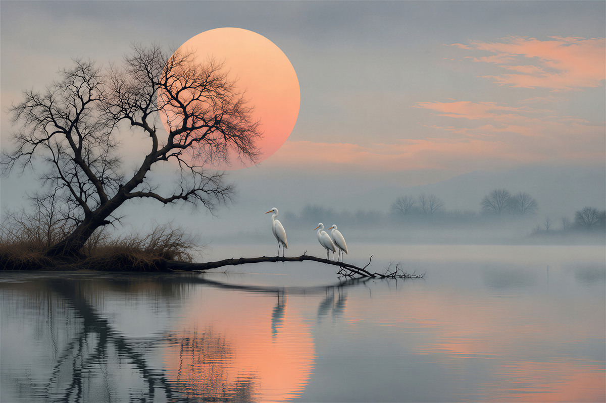 Papier peint coucher de soleil avec des oiseaux