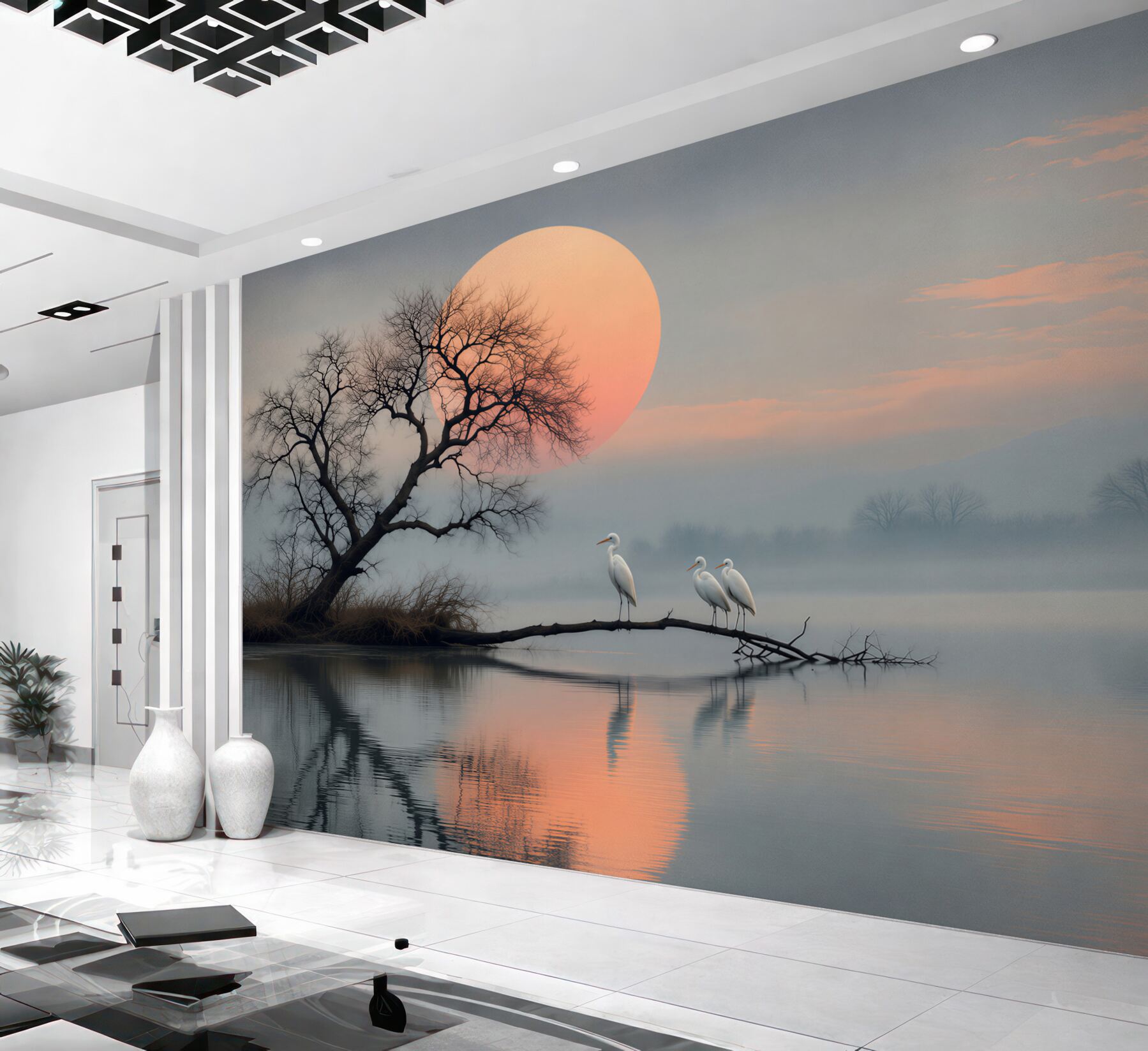 Papier peint coucher de soleil avec des oiseaux