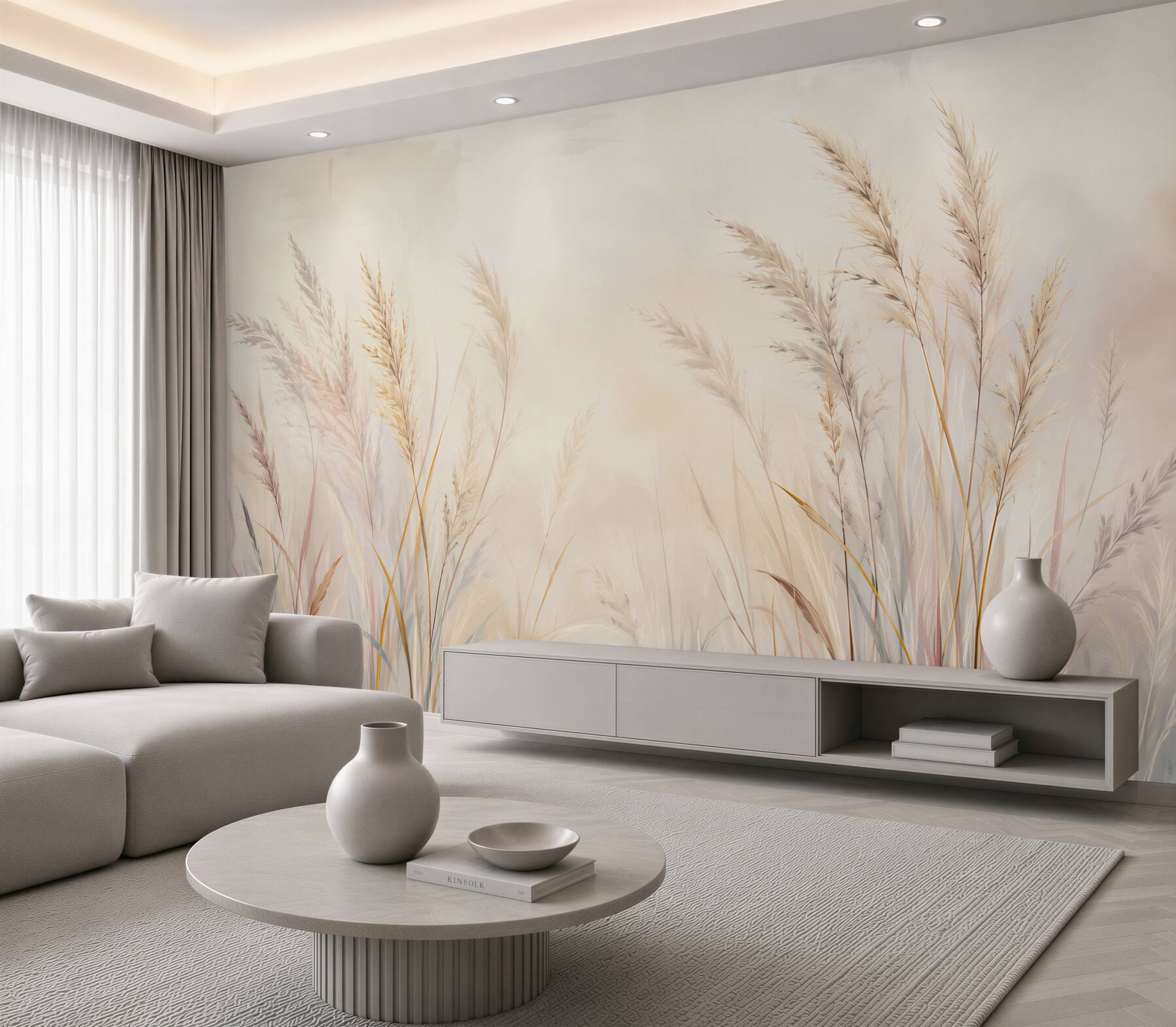 Papier peint herbes sur fond beige