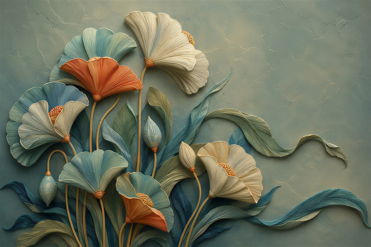 Papier peint fleurs 3D sur fond vert