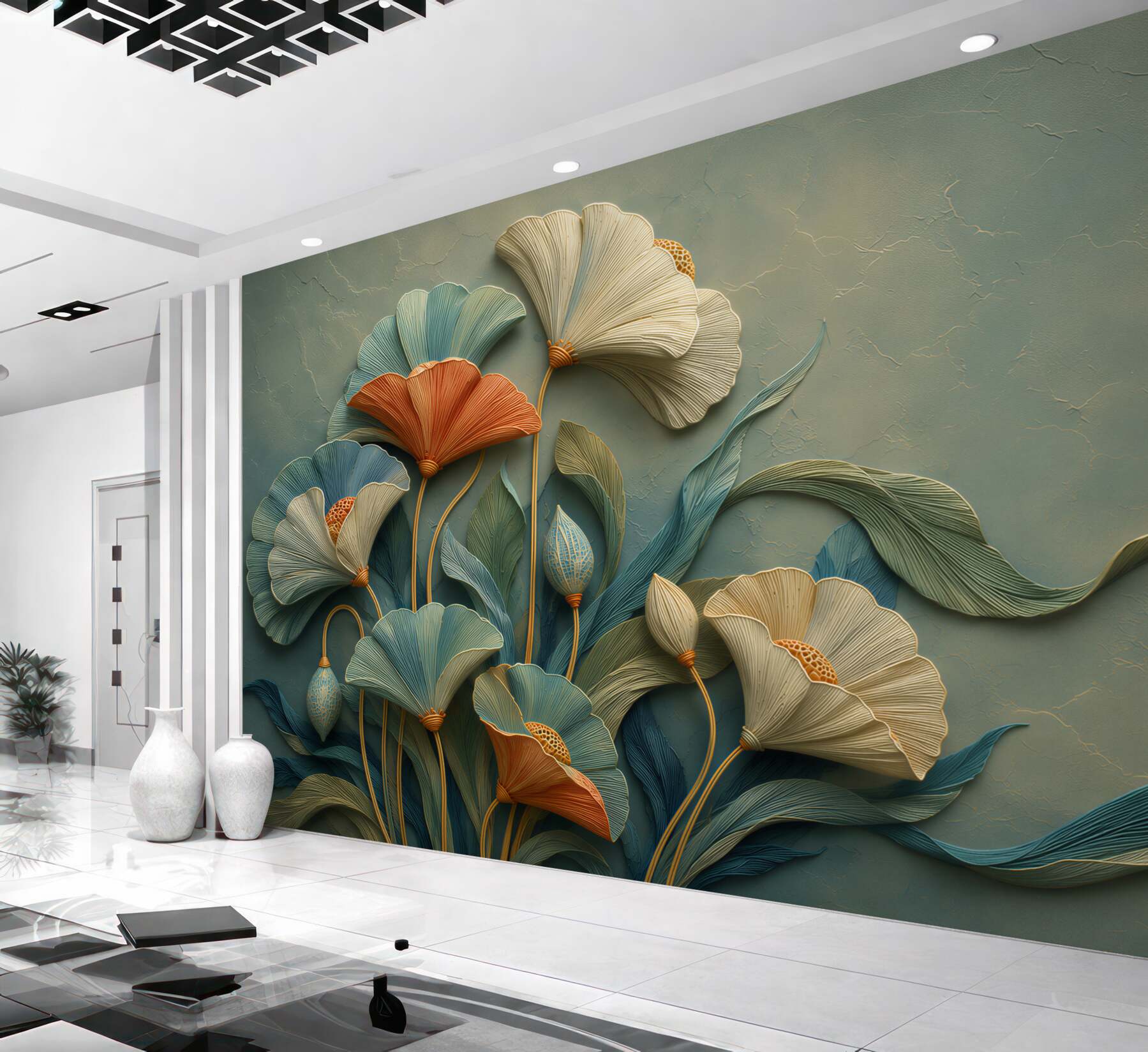 Papier peint fleurs 3D sur fond vert