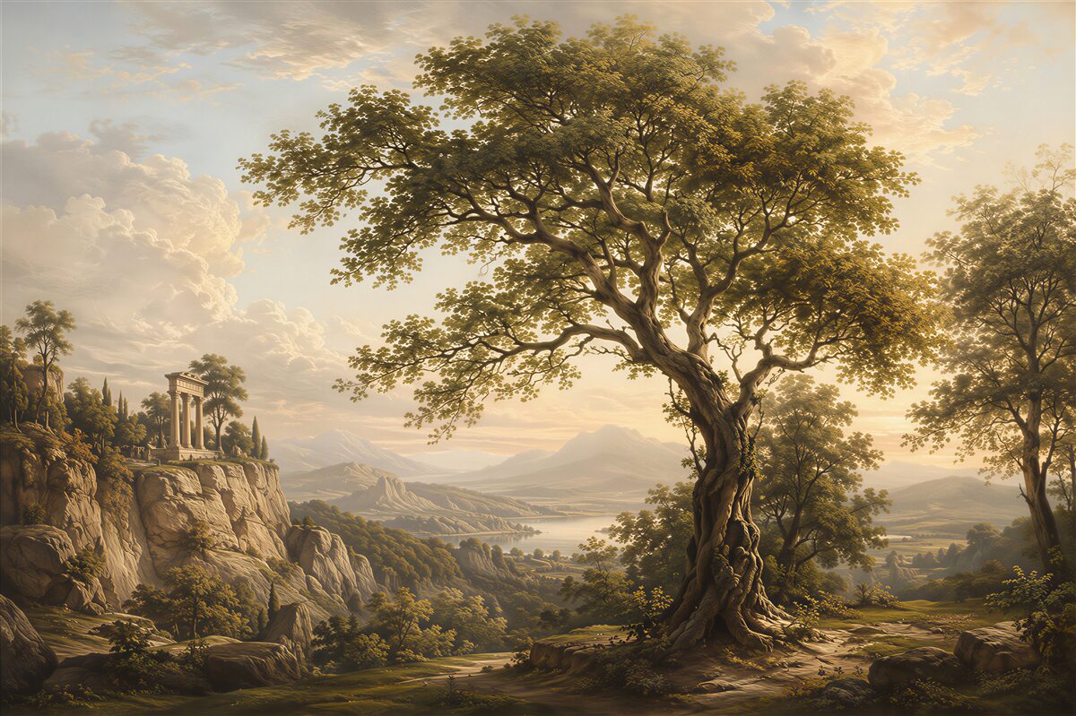Papier peint paysage avec arbre et montagnes
