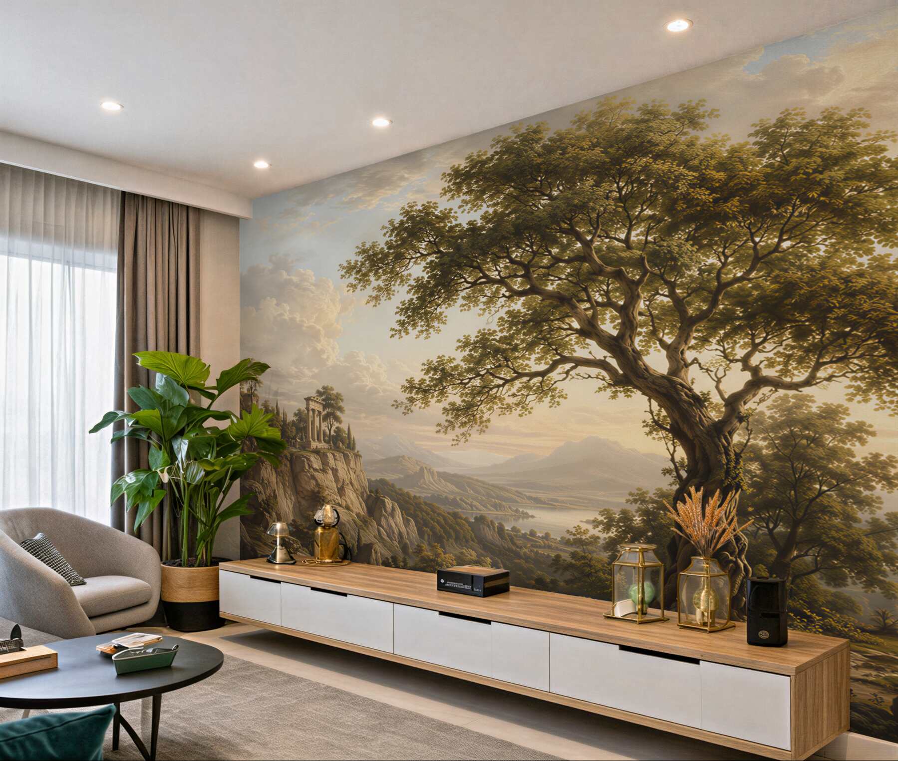 Papier peint paysage avec arbre et montagnes