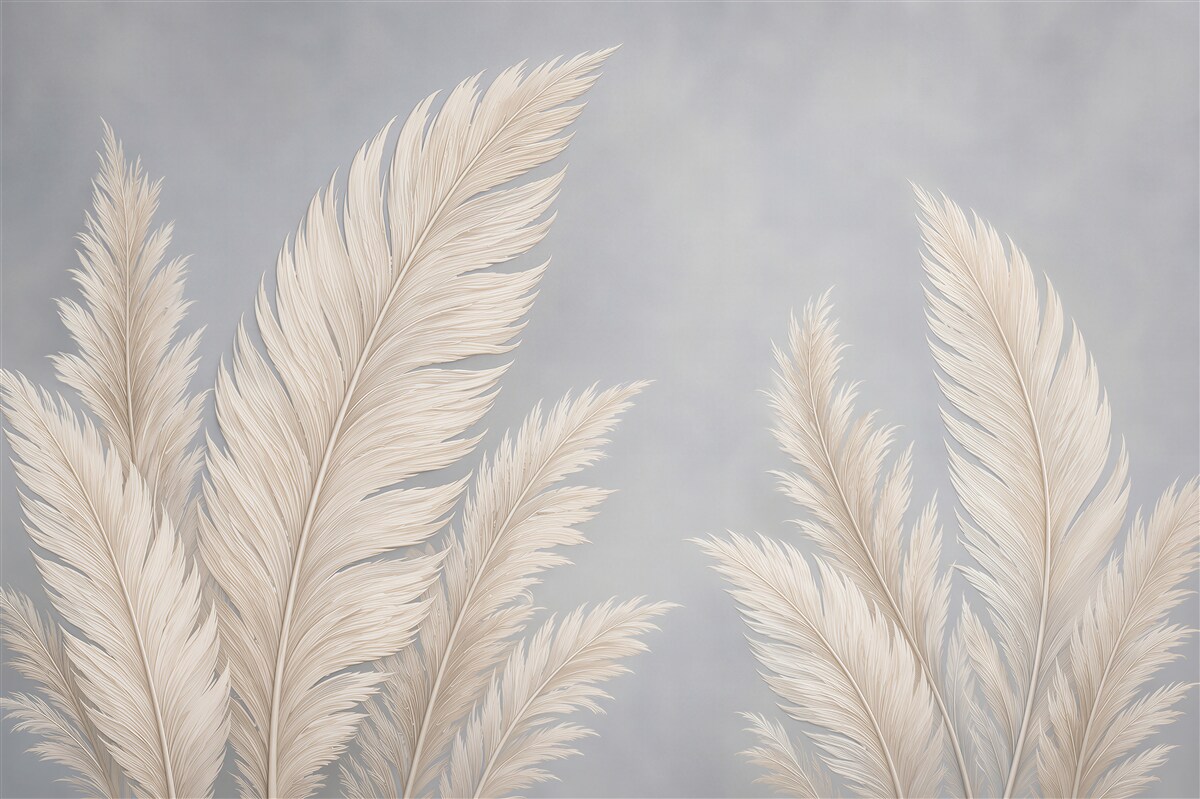 Papier peint plumes beiges sur fond bleu