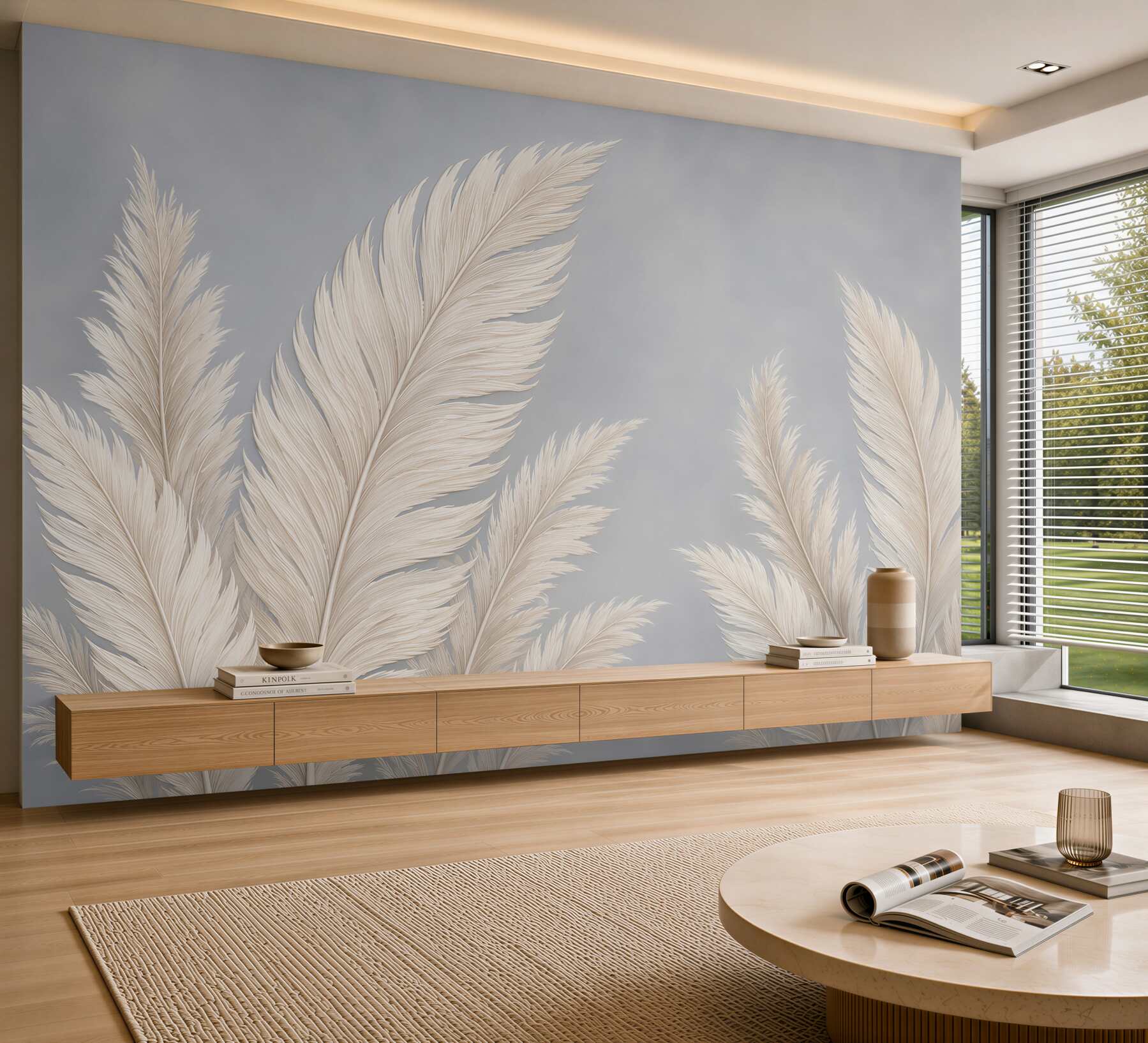 Papier peint plumes beiges sur fond bleu