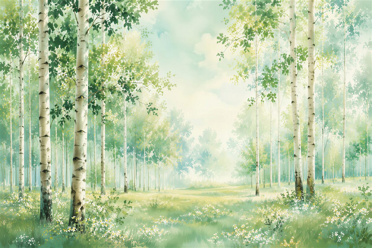 Papier peint forêt de bouleaux dans le brouillard