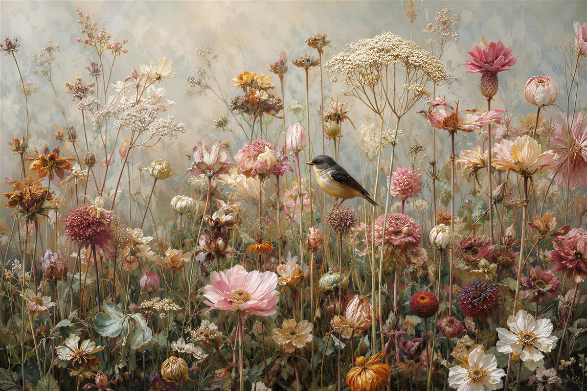 Papier peint fleurs sauvages avec un oiseau