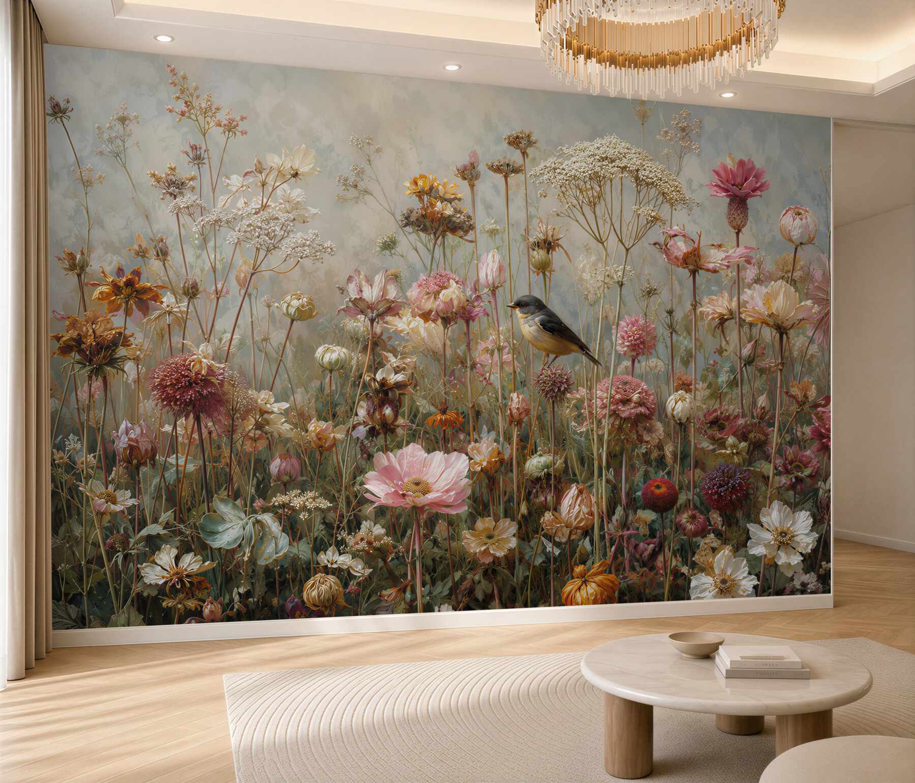 Papier peint fleurs sauvages avec un oiseau