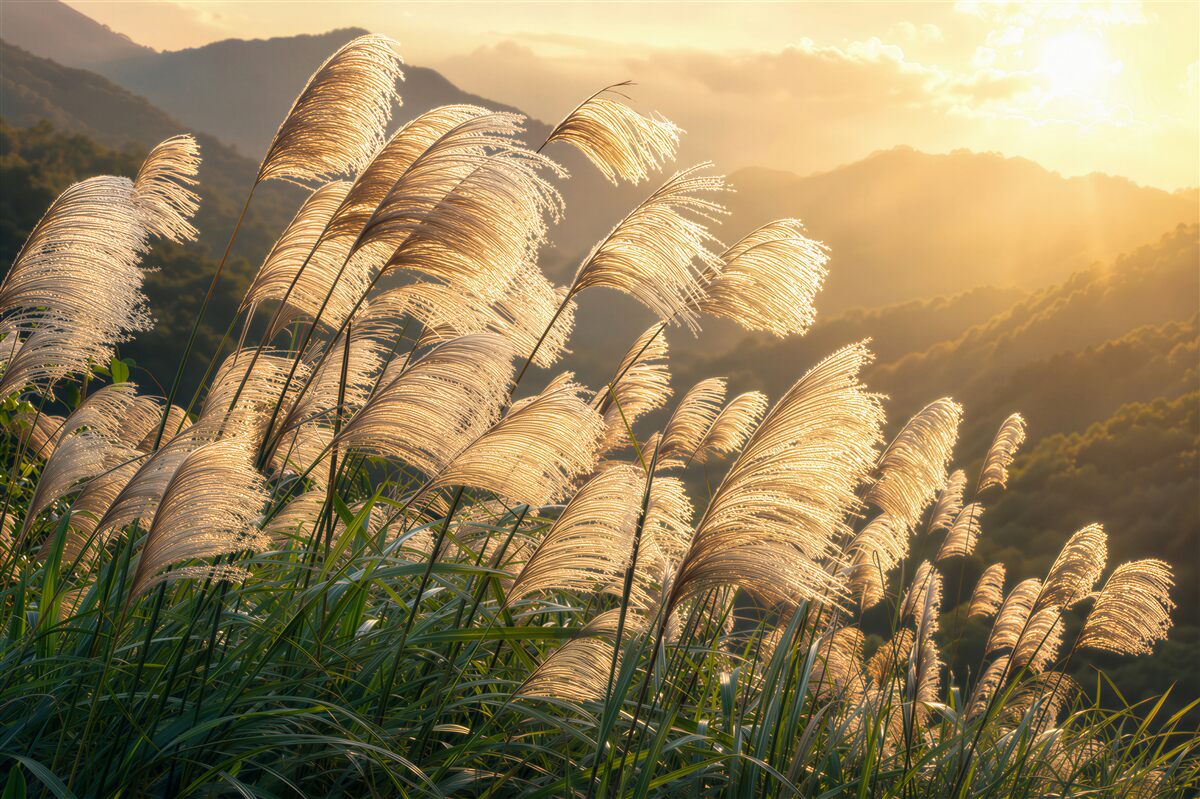 Papier peint herbes de la pampa au coucher de soleil