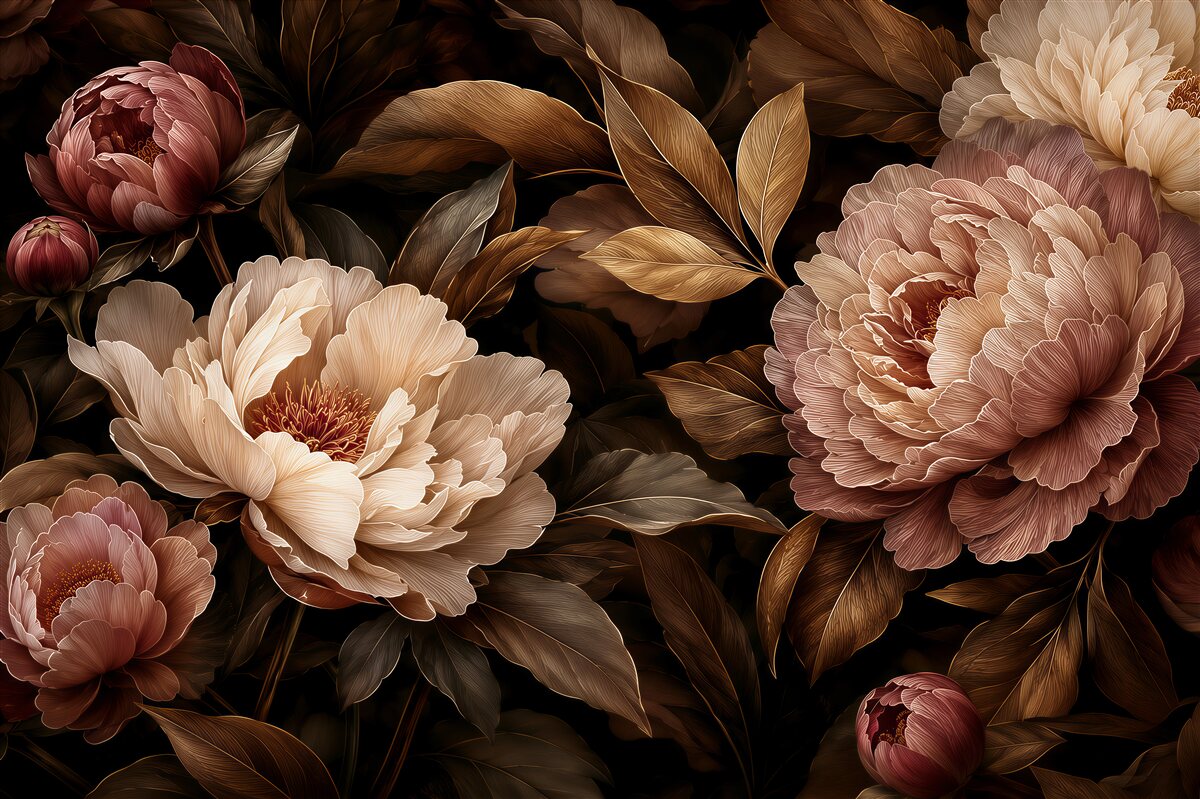 Papier peint pivoines dans les bruns