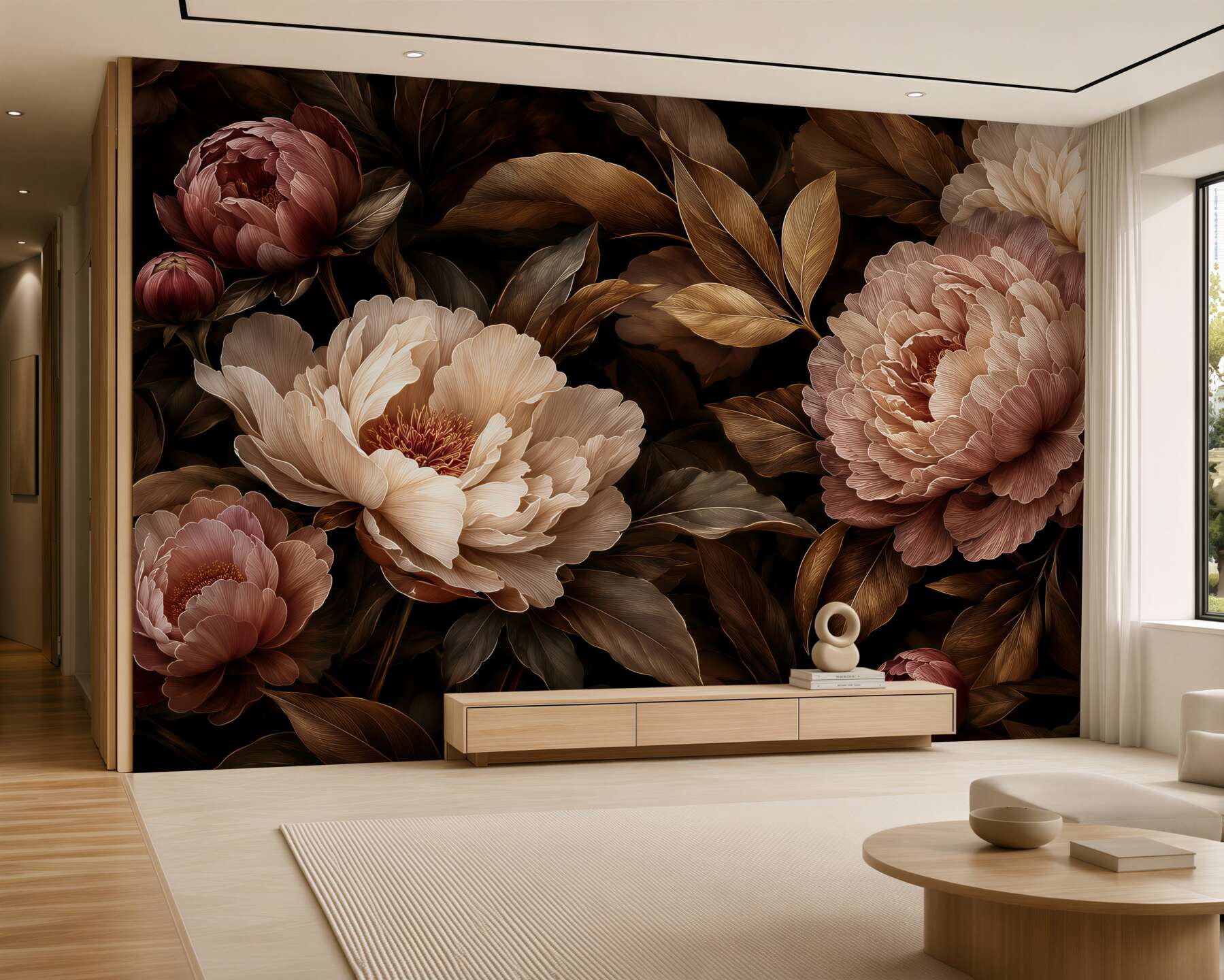 Papier peint pivoines dans les bruns