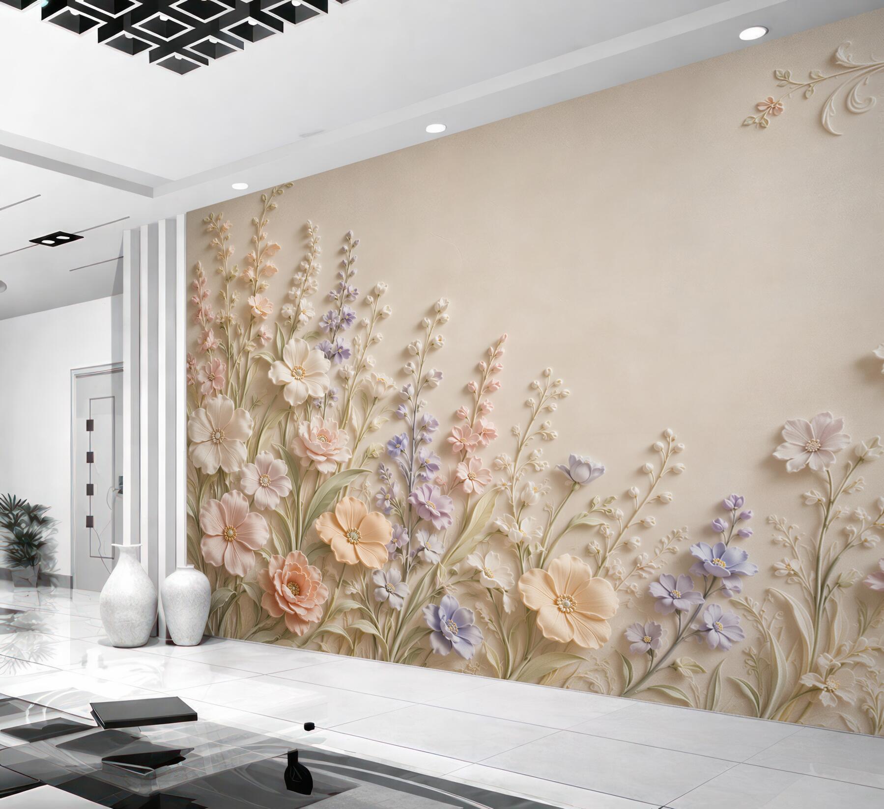 Papier peint jardin fleuri pastel