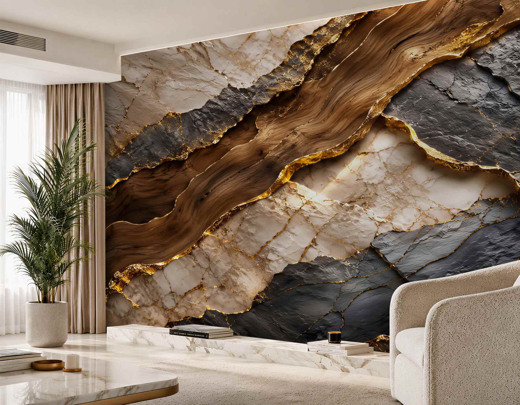 Papier peint marbre avec éléments en bois