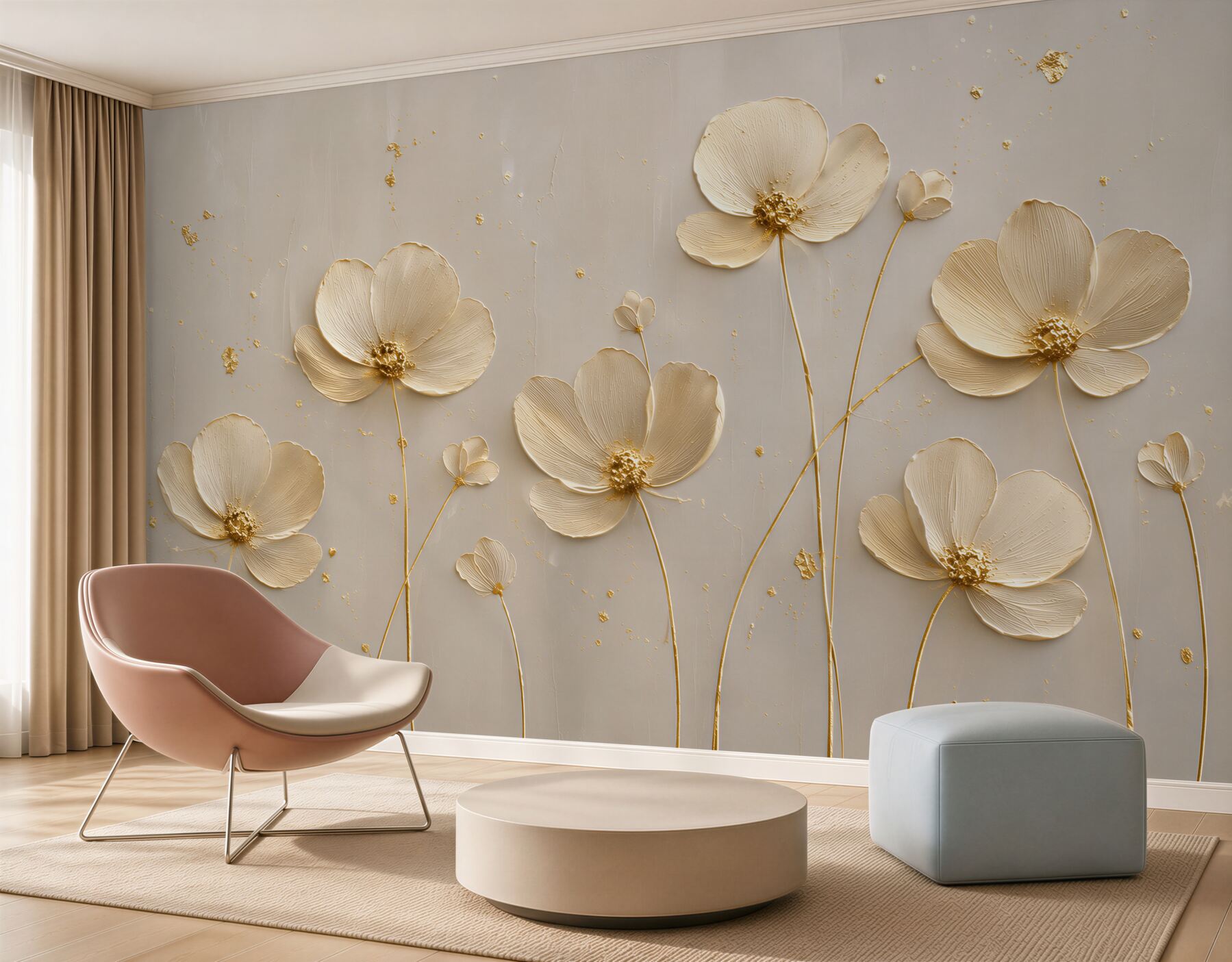 Papier peint fleurs dorées 3D