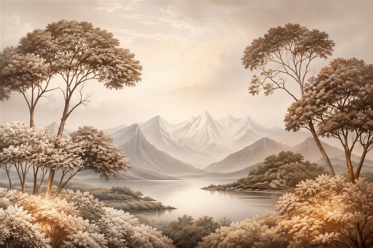 Papier peint paysage montagneux avec lac