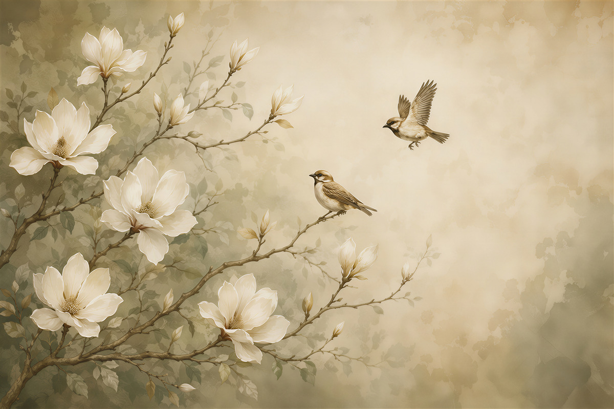 Papier peint magnolias et oiseaux