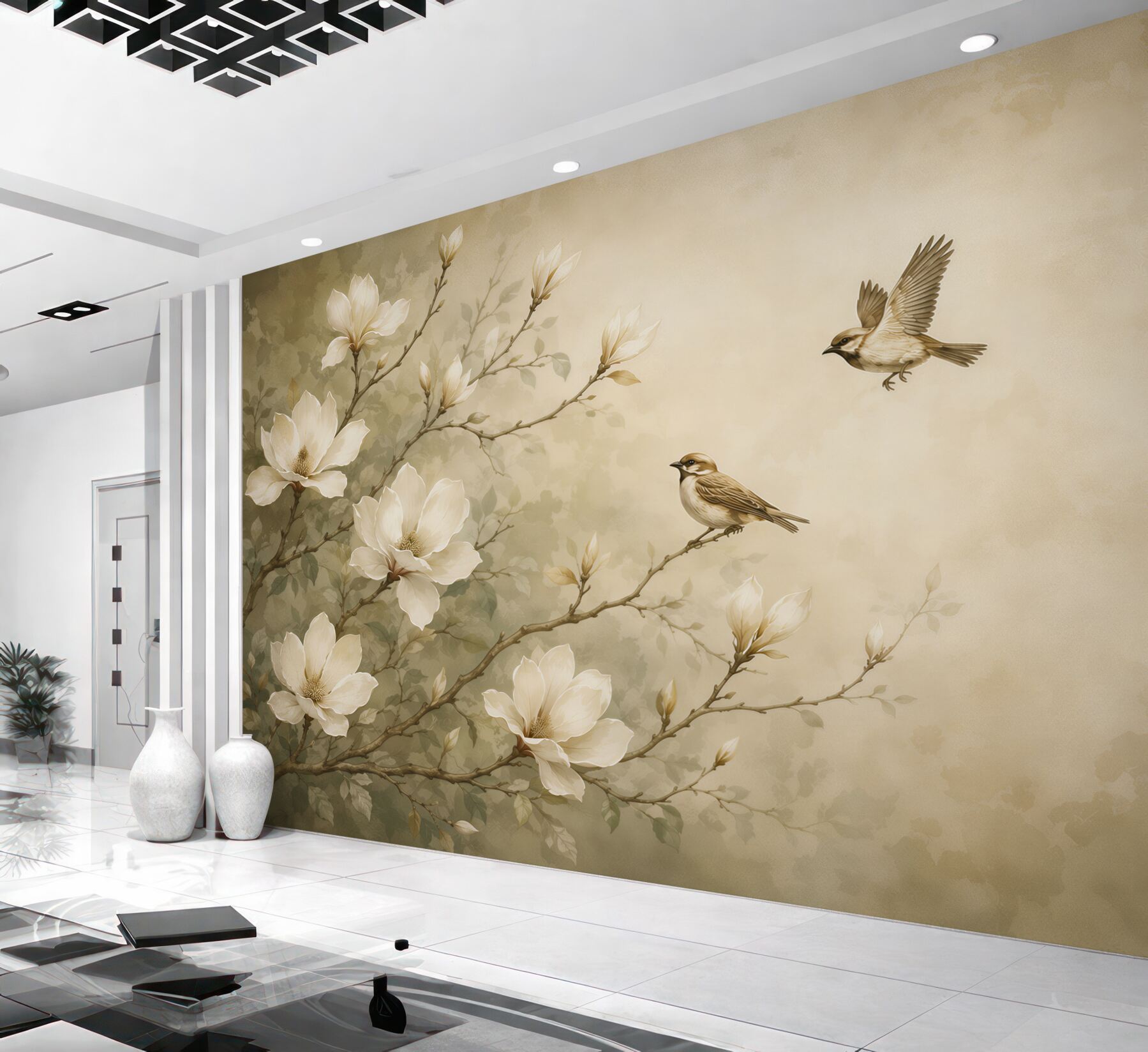 Papier peint magnolias et oiseaux