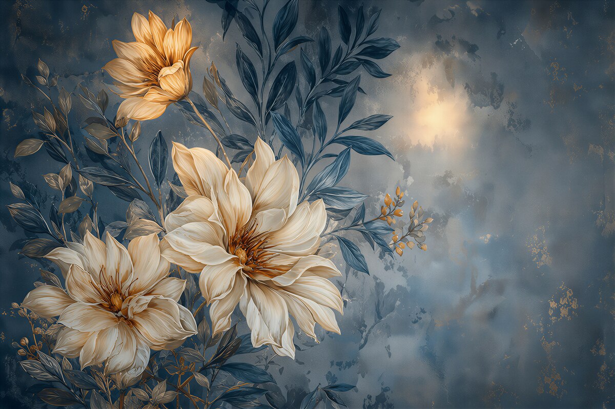 Papier peint fleurs crème sur fond bleu