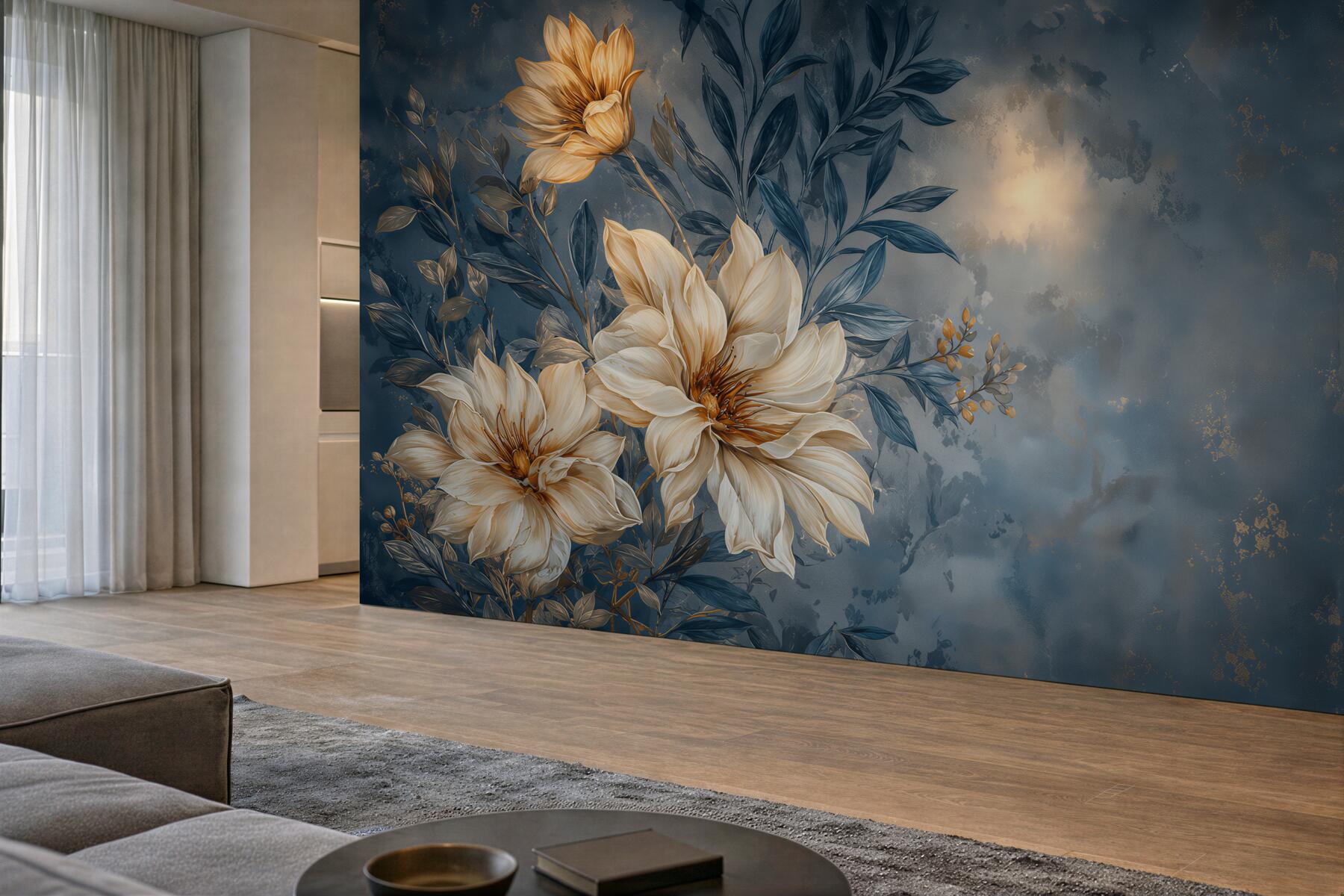 Papier peint fleurs crème sur fond bleu