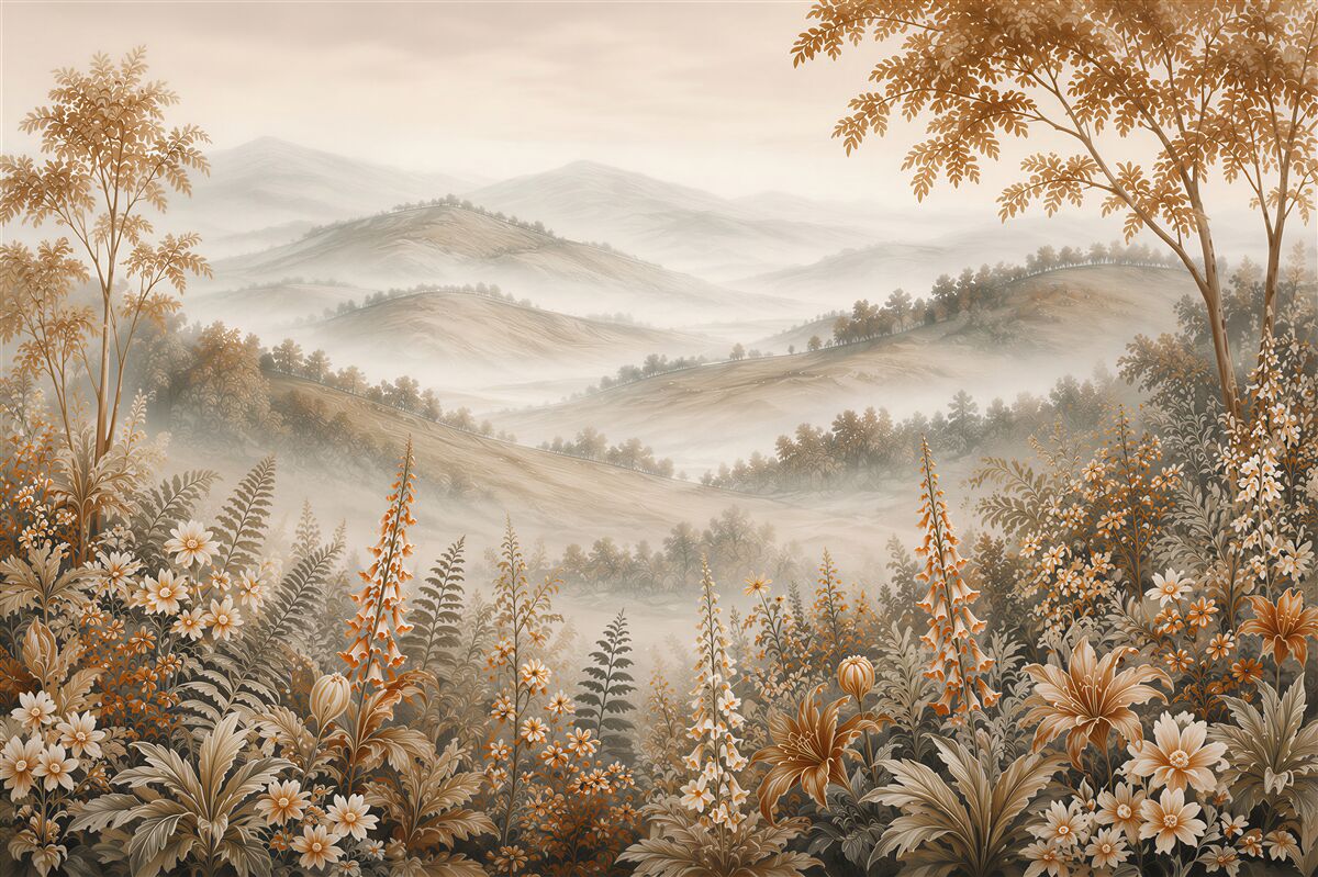 Papier peint paysage montagneux avec fleurs
