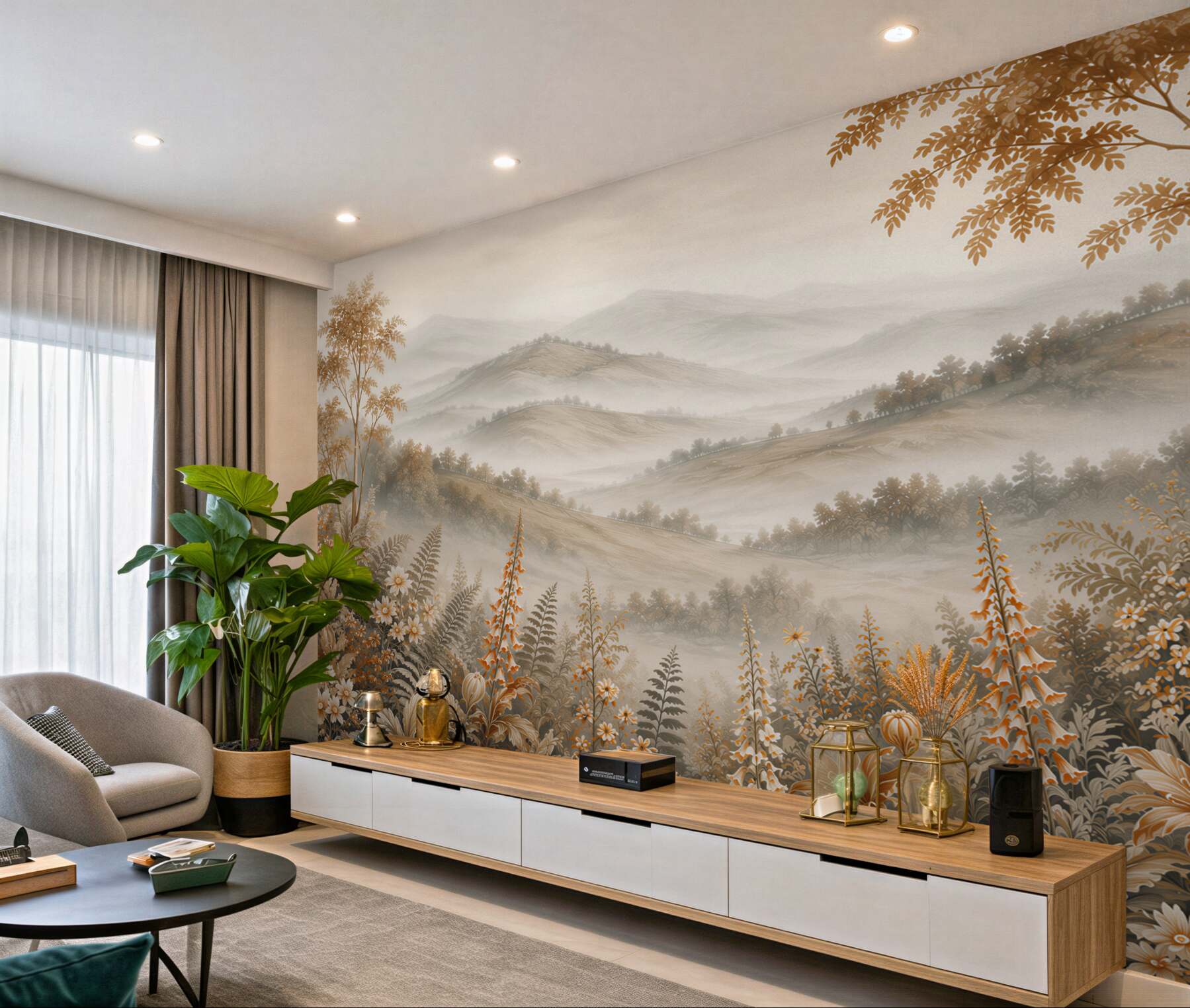 Papier peint paysage montagneux avec fleurs