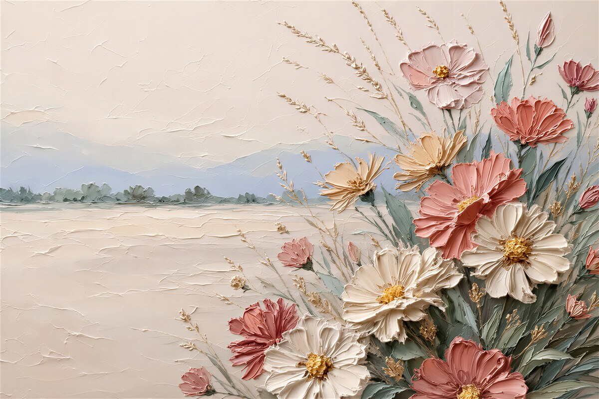 Papier peint fleurs 3D sur fond beige