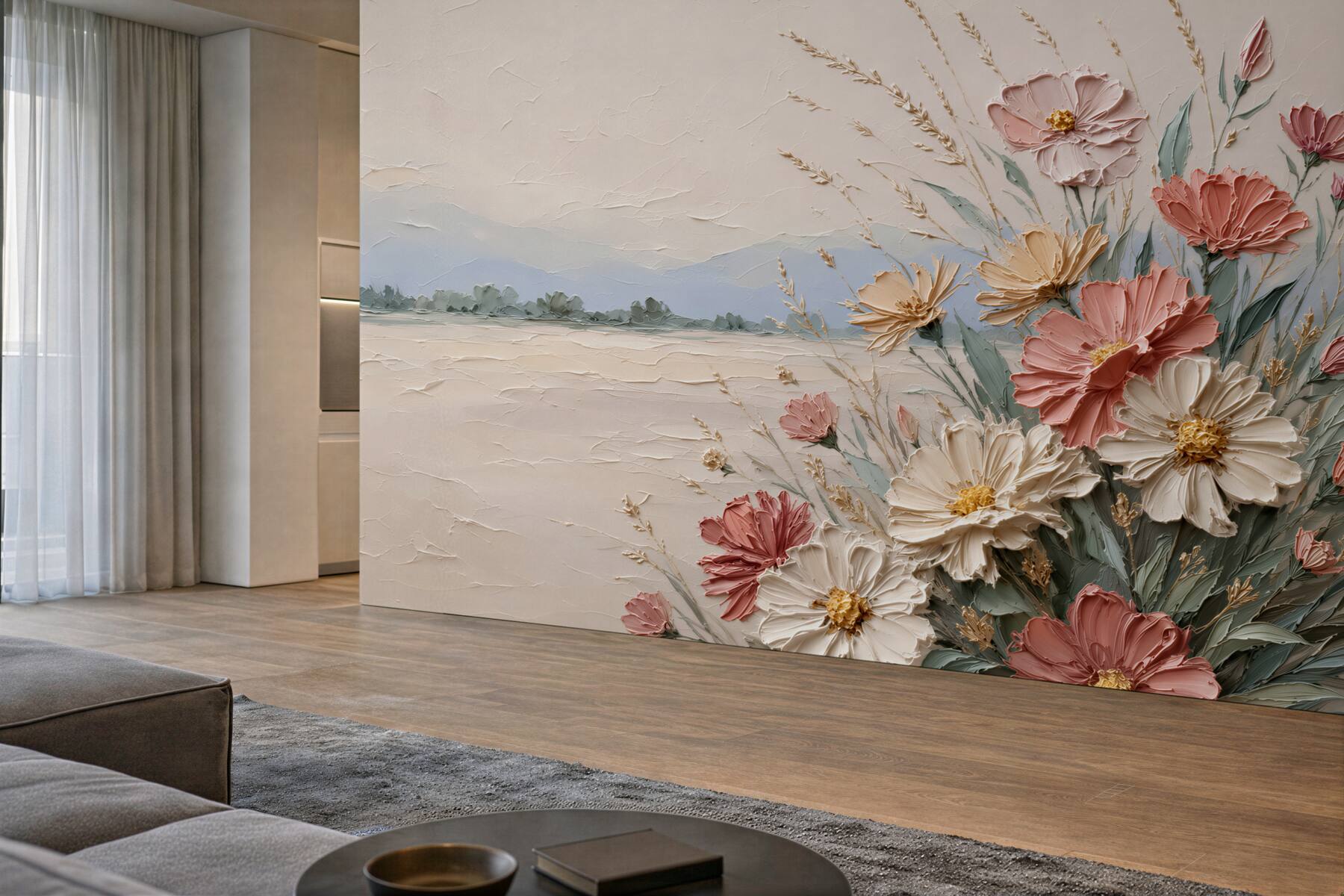Papier peint fleurs 3D sur fond beige