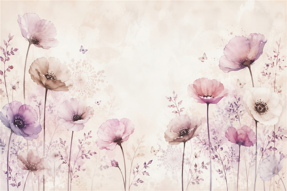 Papier peint fleurs pastel avec papillons