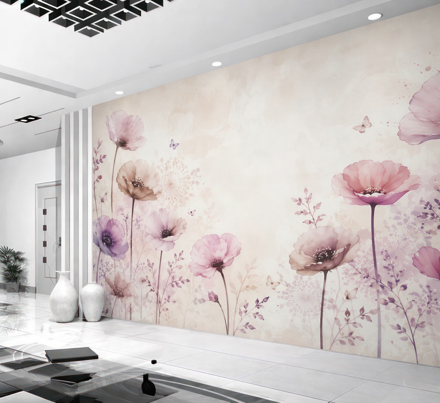 Papier peint fleurs pastel avec papillons